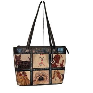 Brighton Leather Needlepoint Dog Handbag Tote Rare Purse Dog Mom